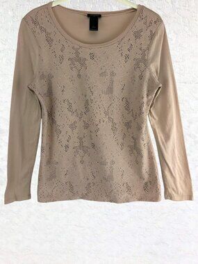Ann Taylor Boho Chic Tan Tee-Style Long Sleeve Top w/ Feminine Lace Front Size M